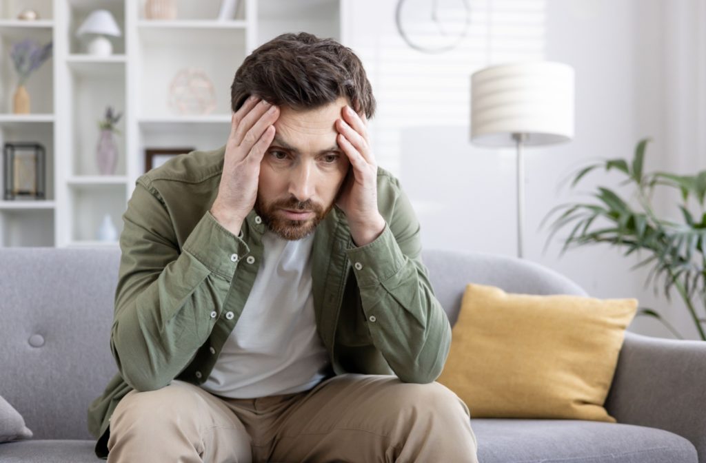 An adult child rubs their temples to ease the exhaustion and stress of caregiving responsibilities while sitting on the couch.