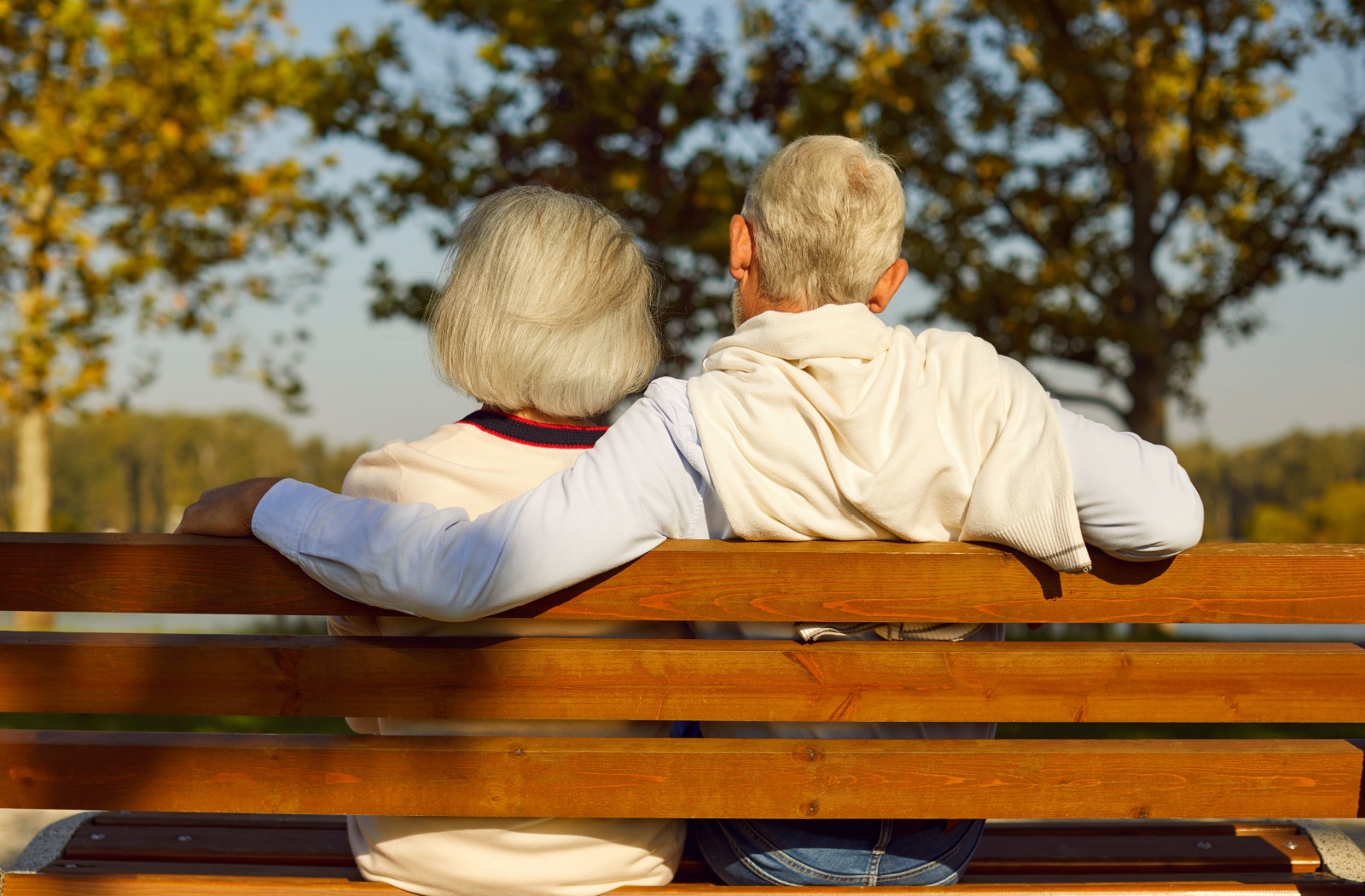 A view from behind of an older married couple sitting on a bench with arms around one another.