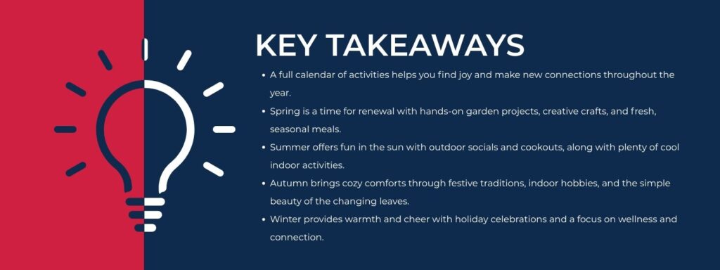 infographic that says 'A full calendar of activities helps you find joy and make new connections throughout the year.
Spring is a time for renewal with hands-on garden projects, creative crafts, and fresh, seasonal meals.
Summer offers fun in the sun with outdoor socials and cookouts, along with plenty of cool indoor activities.
Autumn brings cozy comforts through festive traditions, indoor hobbies, and the simple beauty of the changing leaves.
Winter provides warmth and cheer with holiday celebrations and a focus on wellness and connection.'