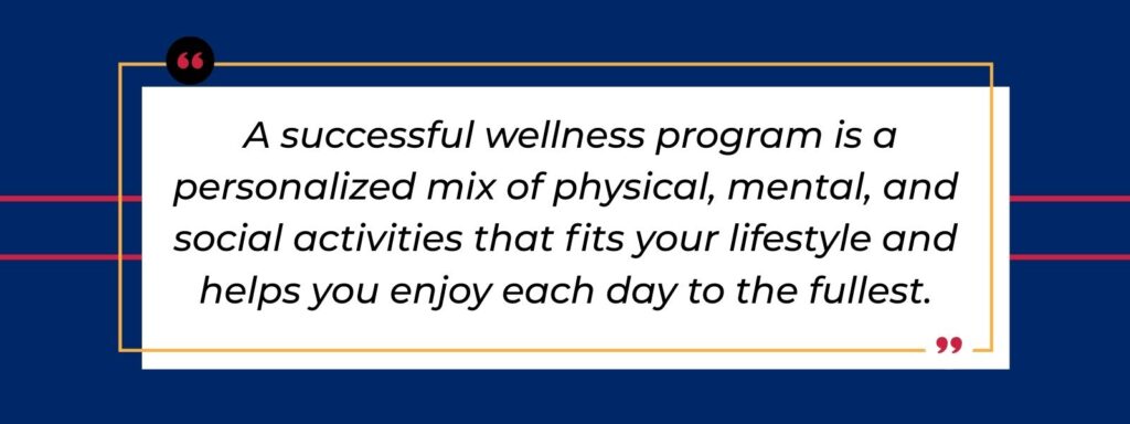 Infographic that says ' A successful wellness program is a personalized mix of physical, mental, and social activities that fits your lifestyle and helps you enjoy each day to the fullest.'