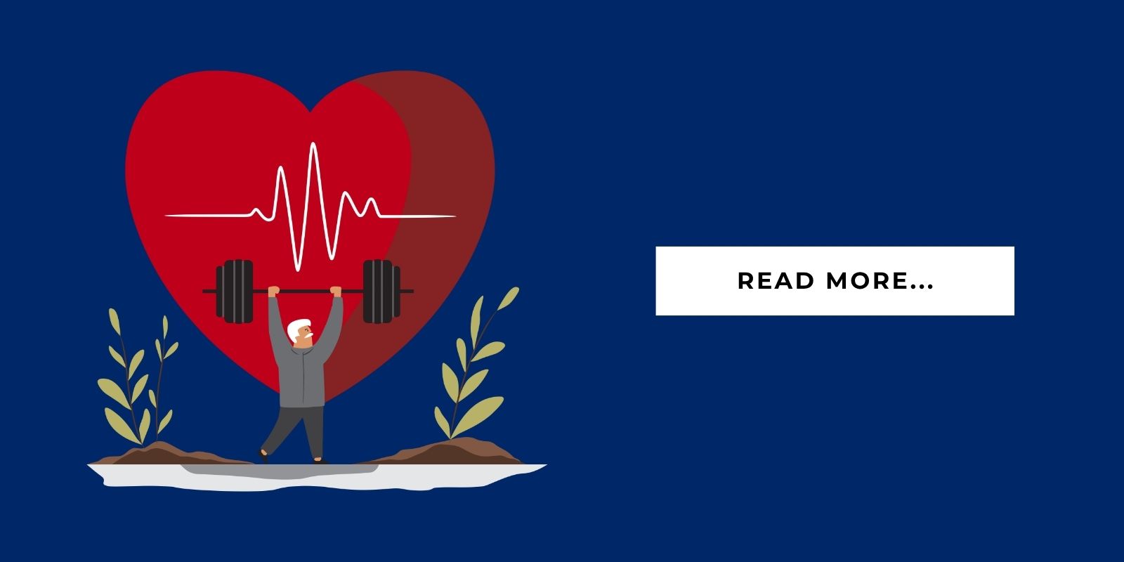 Blog Header Illustration of a senior lifting weight with a heart symbol in the background and it says 'read more'