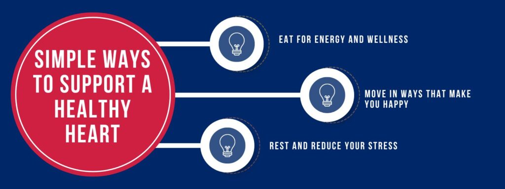 infographic that says 'Simple Ways to Support a Healthy Heart, Eat for Energy and Wellness, Move in Ways That Make You Happy, Rest and Reduce Your Stress'