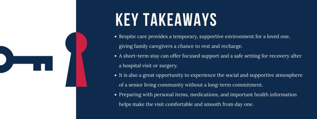 infographic that says 'Respite care provides a temporary, supportive environment for a loved one, giving family caregivers a chance to rest and recharge.
A short-term stay can offer focused support and a safe setting for recovery after a hospital visit or surgery.
It is also a great opportunity to experience the social and supportive atmosphere of a senior living community without a long-term commitment.
Preparing with personal items, medications, and important health information helps make the visit comfortable and smooth from day one.'