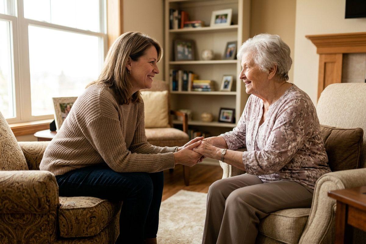 A senior and their family member hold hands as they chat in a cozy senior living apartment.