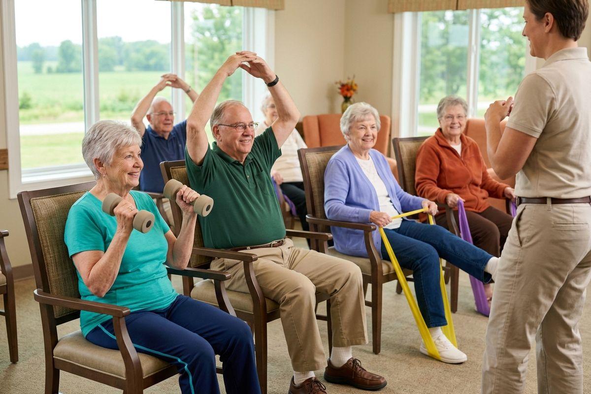 A group of seniors seated in chairs participates in a low-impact exercise class guided by a smiling staff member.