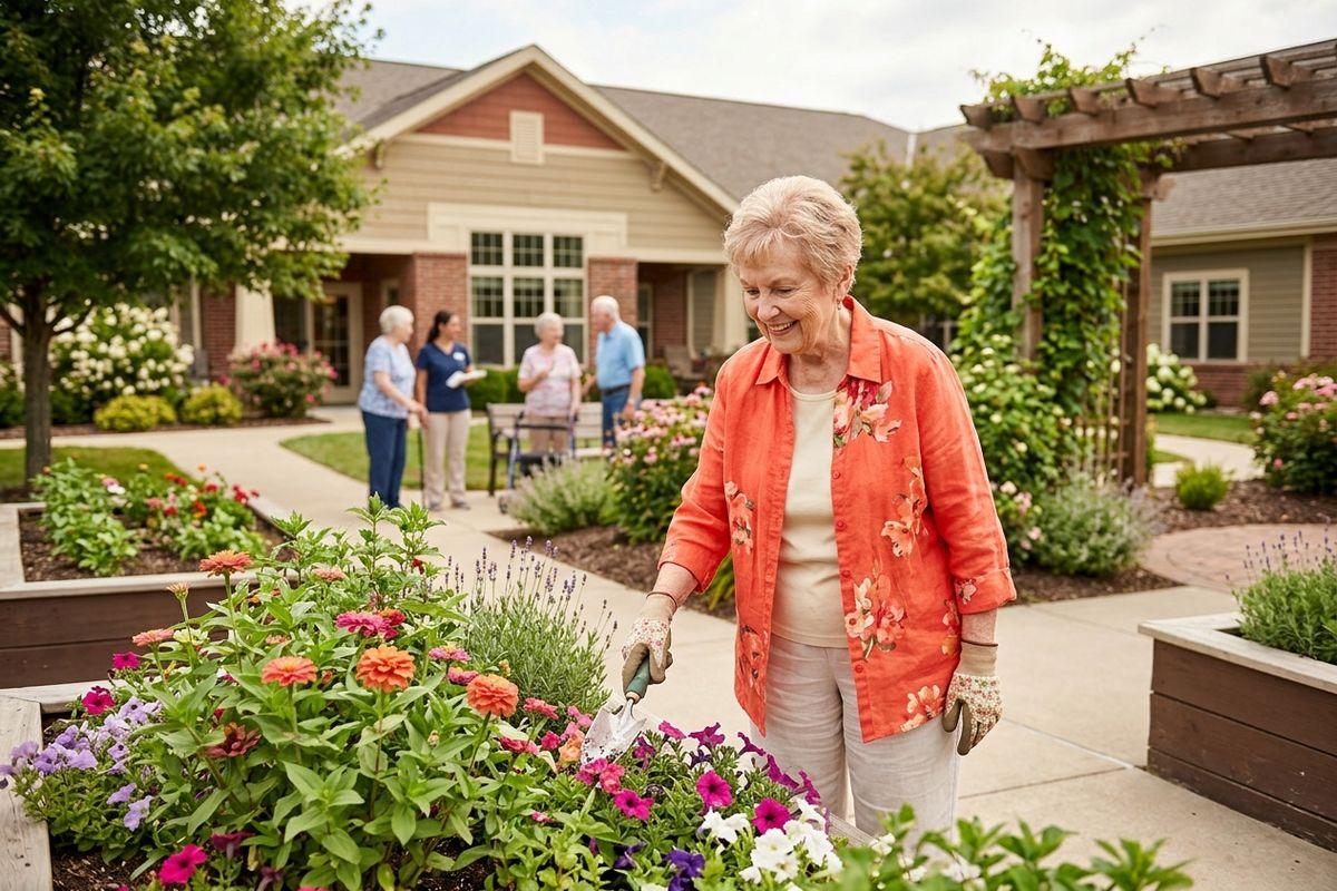 An older adult enjoys tending to flowers in a senior living community garden.