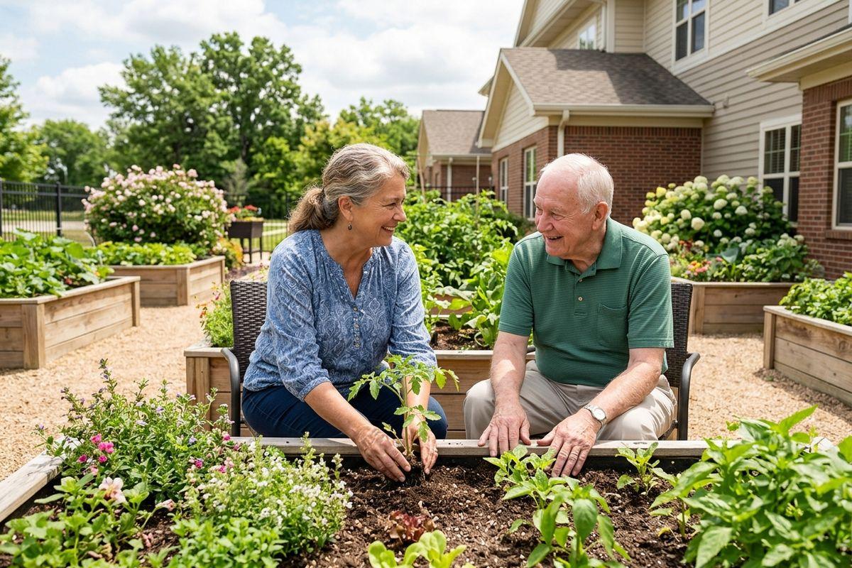 A pair of older adults enjoy gardening in a bright outdoor space in a senior living community.