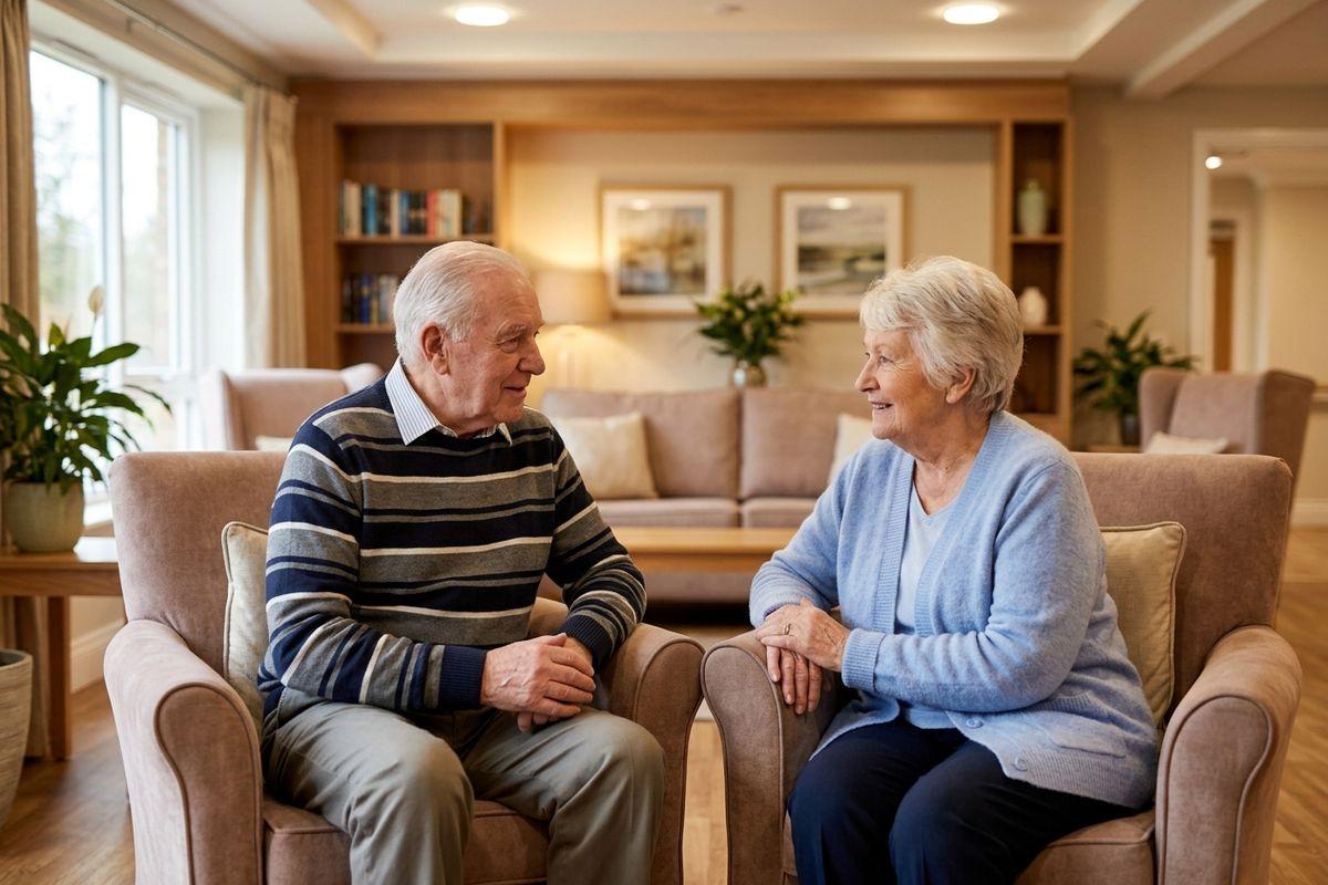 An older adult couple sits together in armchairs, smiling and sharing a calm moment in their memory care community.