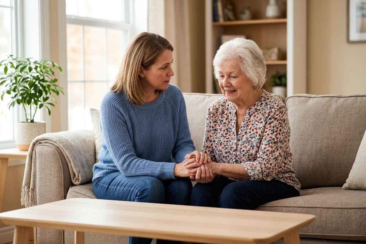 An adult child expresses concern as they sit with their older parent on a couch, holding hands.