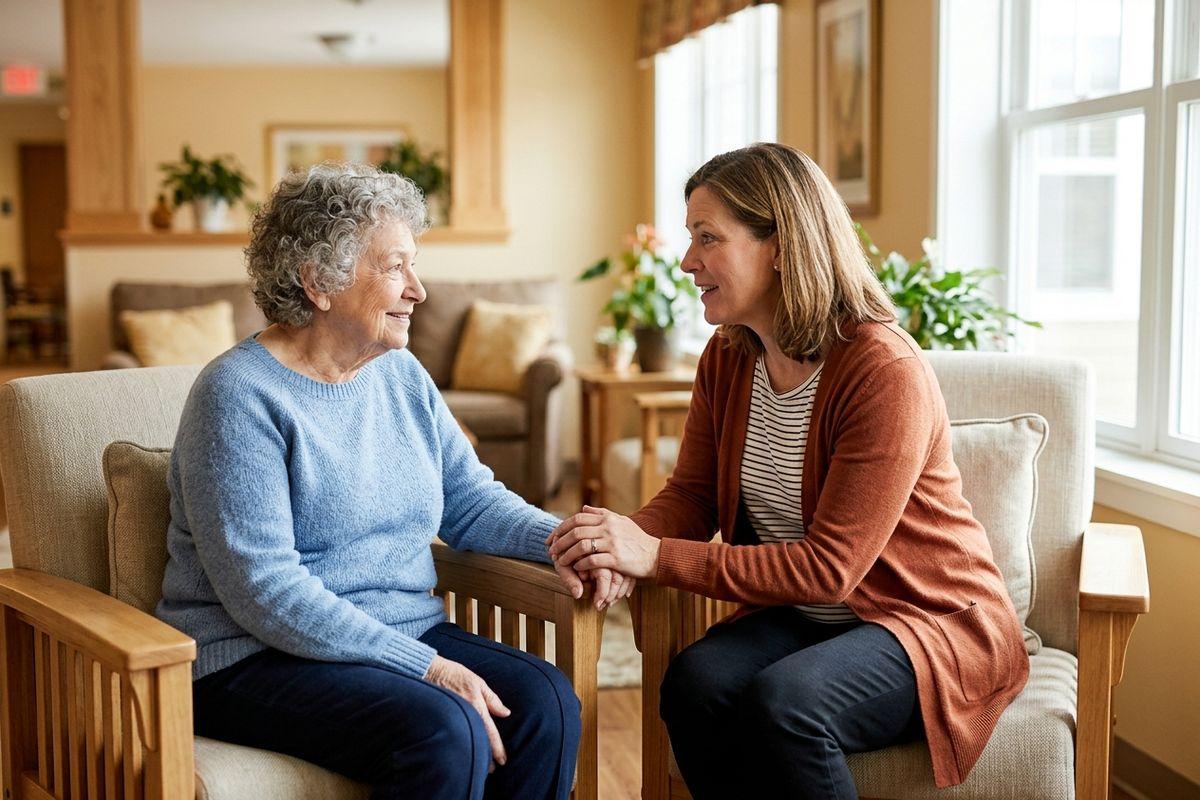 A younger adult tries to have a gentle conversation with their parent about their memory issues. 