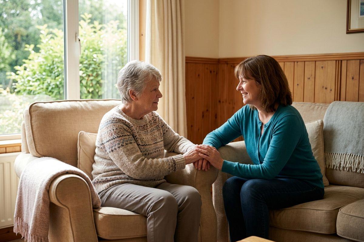 A family member sits down and has a conversation with their senior parent about their health.