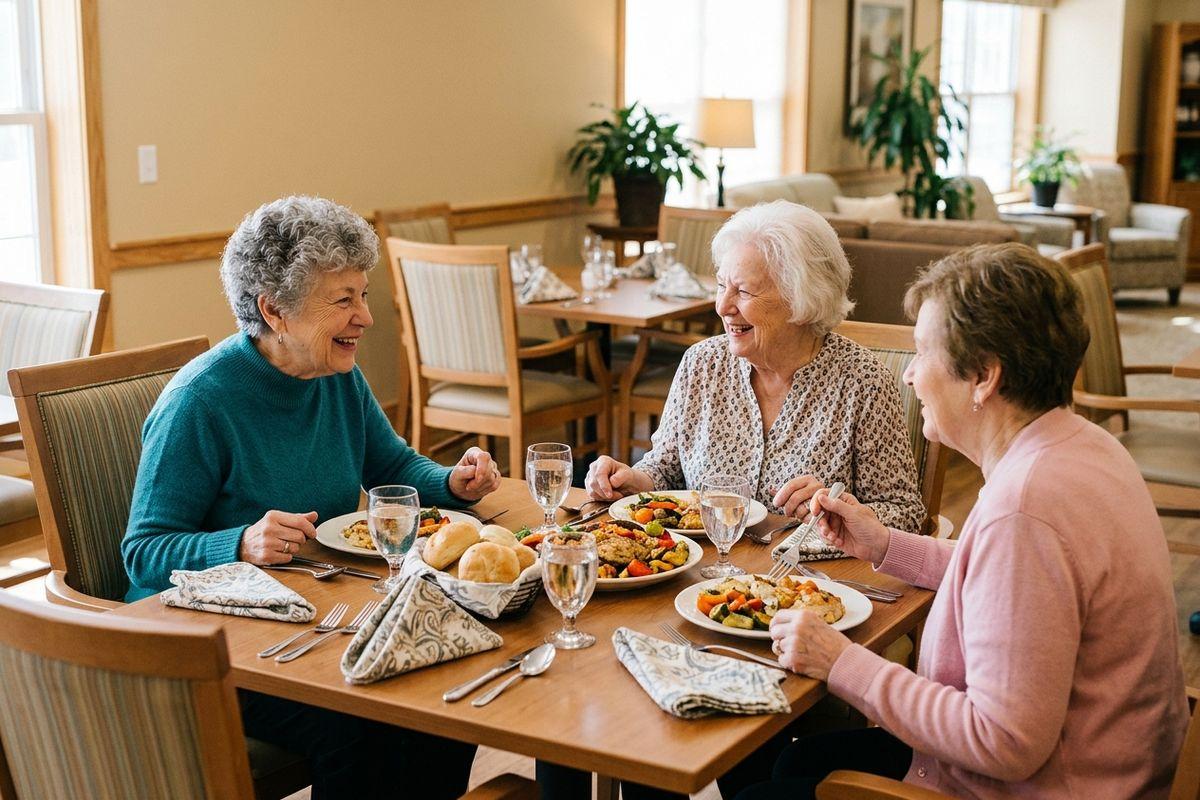 A group of three friends in a senior living community enjoy a meal together.