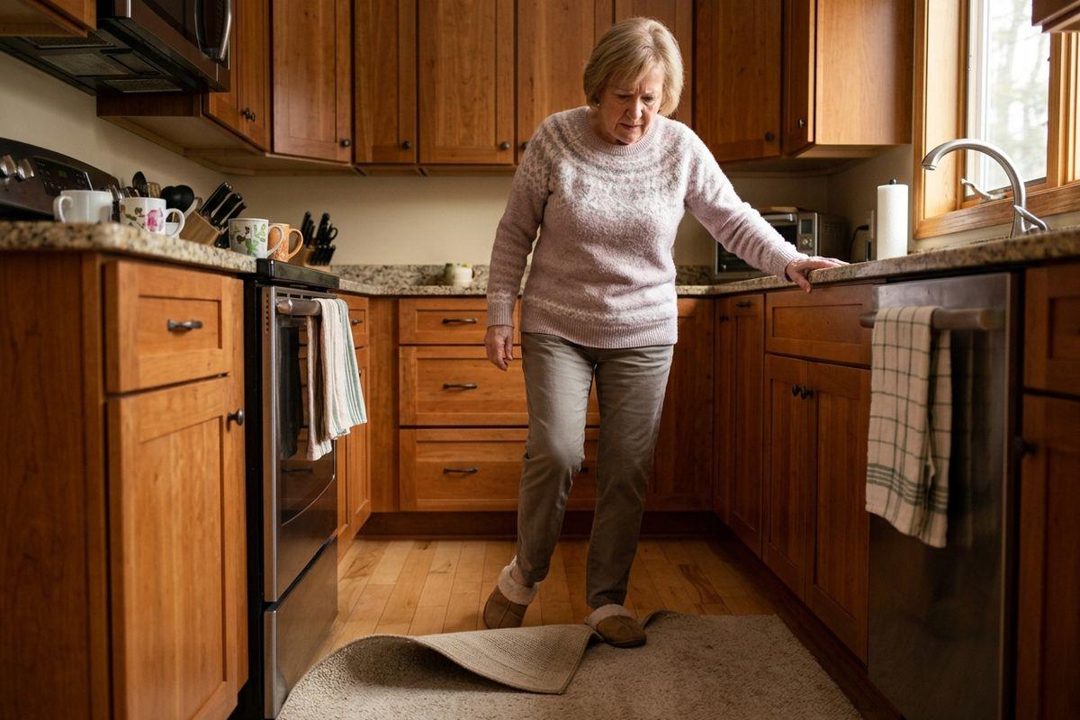 A senior struggles with a fall hazard in their kitchen, which is a rug.