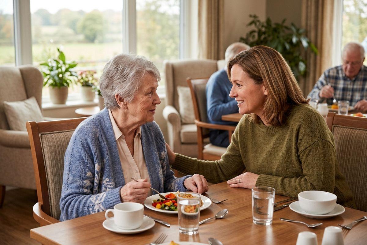 An adult encourages their older parent to finish their plate of fresh fruit and other breakfast items.