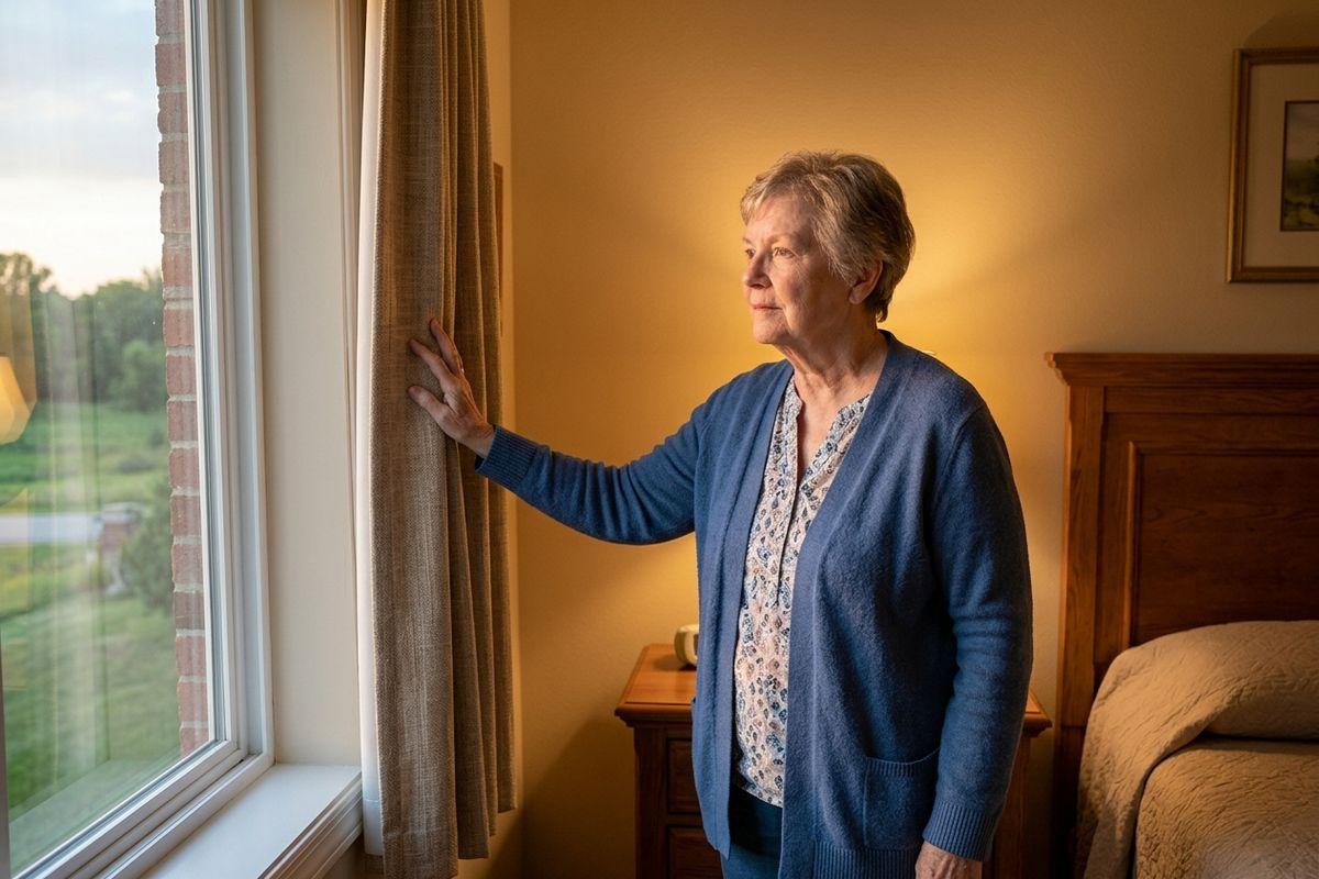 A senior in a blue cardigan stands in a bedroom, holding back a curtain and looking out the window at a green landscape.