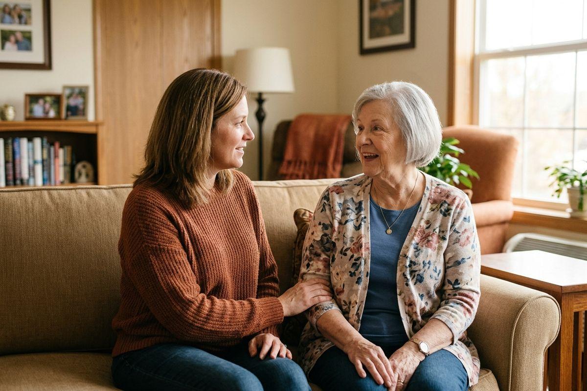 A senior and a younger woman sit together on a couch in a living room, smiling and talking, one resting a hand on the other's arm.
