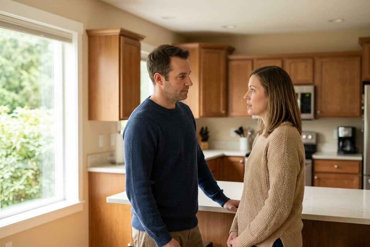 Two adults in sweaters stand facing each other in a kitchen, talking with serious expressions beside a counter and window.