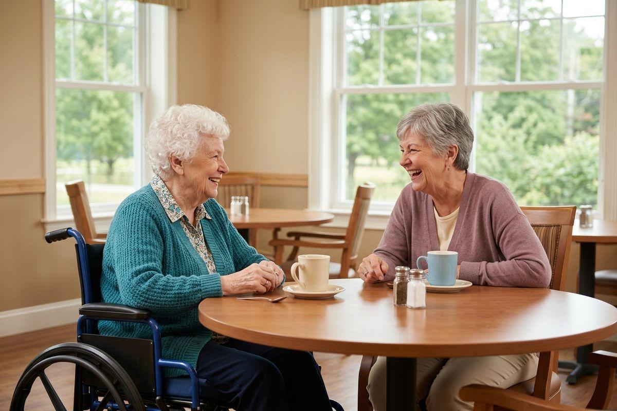 Two seniors laugh over mugs of coffee at a round table by large windows; one sits in a wheelchair, the other in a wooden chair.