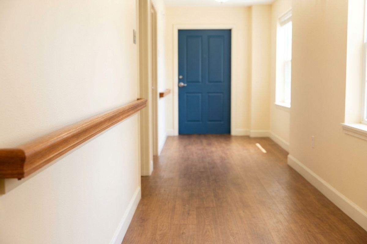The hallway is characterized by its wooden floor, cream walls, wooden handrail on the left, windows on the right, and a blue door at the end.