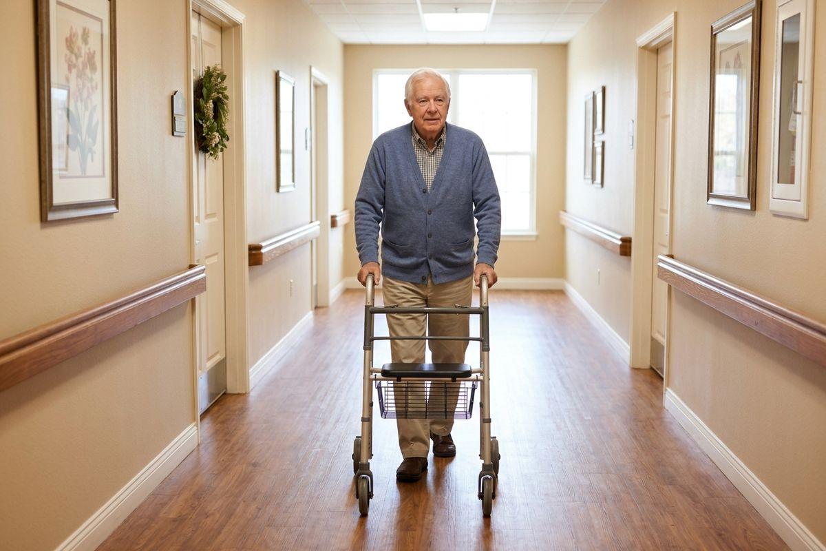 A senior walks with a wheeled walker down a care facility hallway with handrails, framed pictures, and a window at the end.