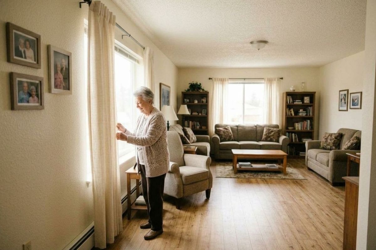 Older adult in a cardigan stands smiling by a sunlit window in a living room with sofas, bookshelves and framed photos on the wall.